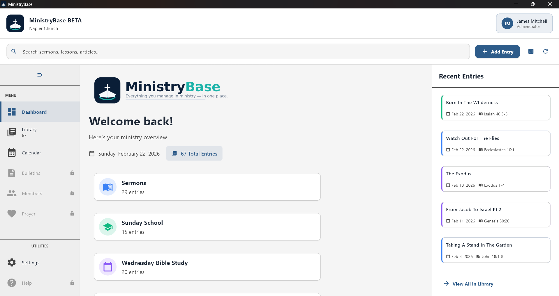 Screenshot of the MinistryBase desktop app dashboard