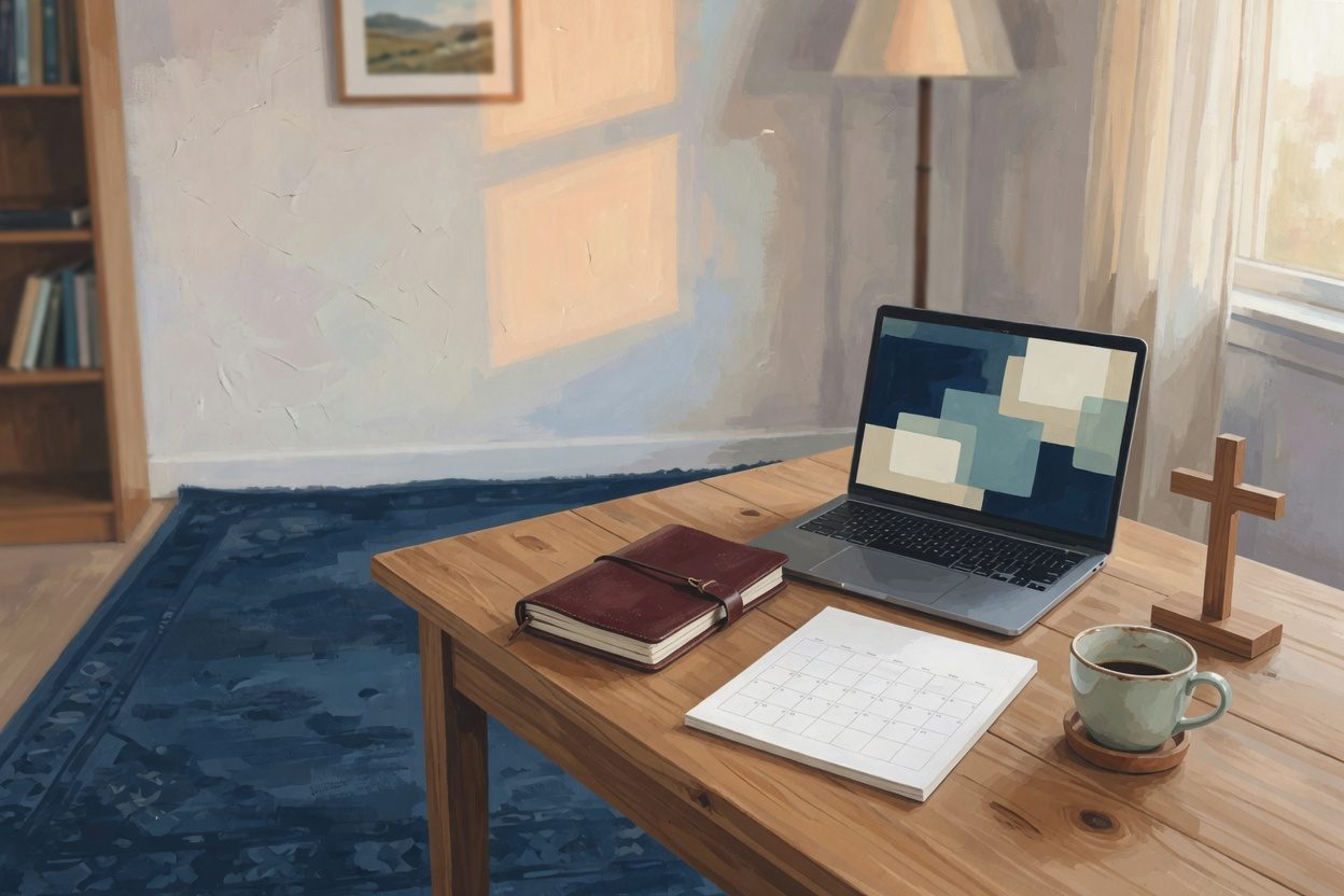 Painted study desk with a laptop, a journal, a blank calendar, coffee, and a small wooden cross in afternoon light