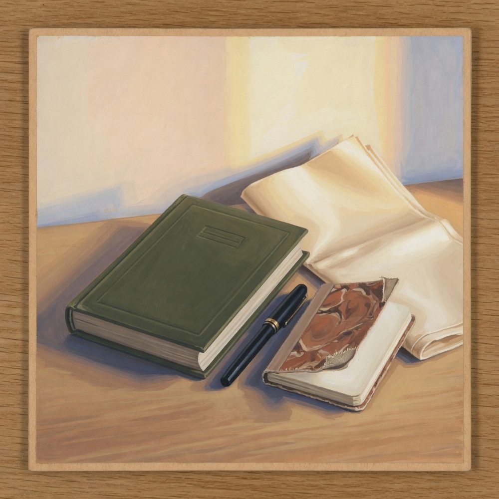 Painted still life of a closed book, a fountain pen, a notebook, and a blank newspaper on a wooden desk